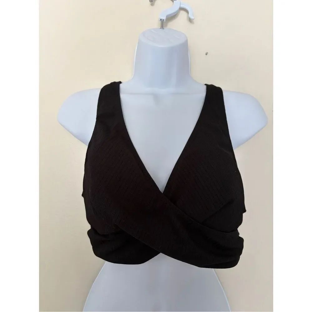 Black Ribbed Cross-Front Bikini/Sports Top - Picture 1 of 4